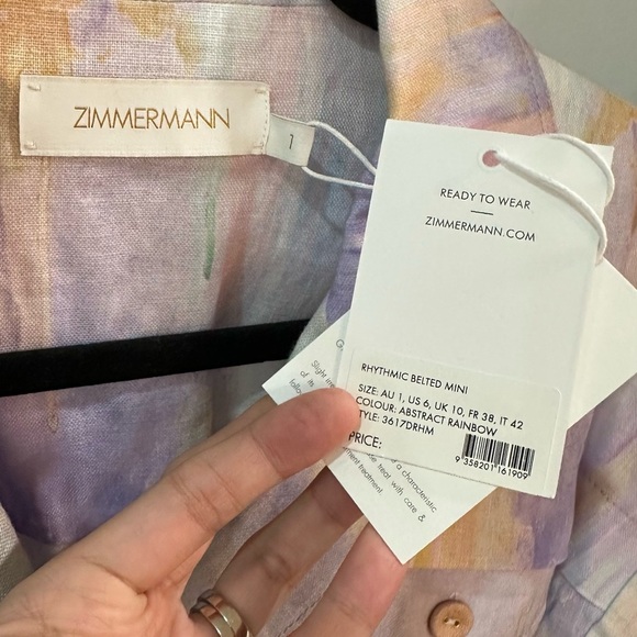 NWT ZIMMERMANN Rhythmic Multicolor Belted Linen Mini Dress Button AU 1 (US S/6) - Picture 5 of 16